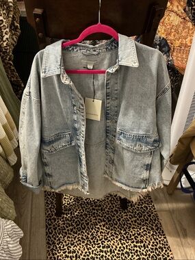 All Saints Washed Light Blue Denim Jacket with Raw Hem